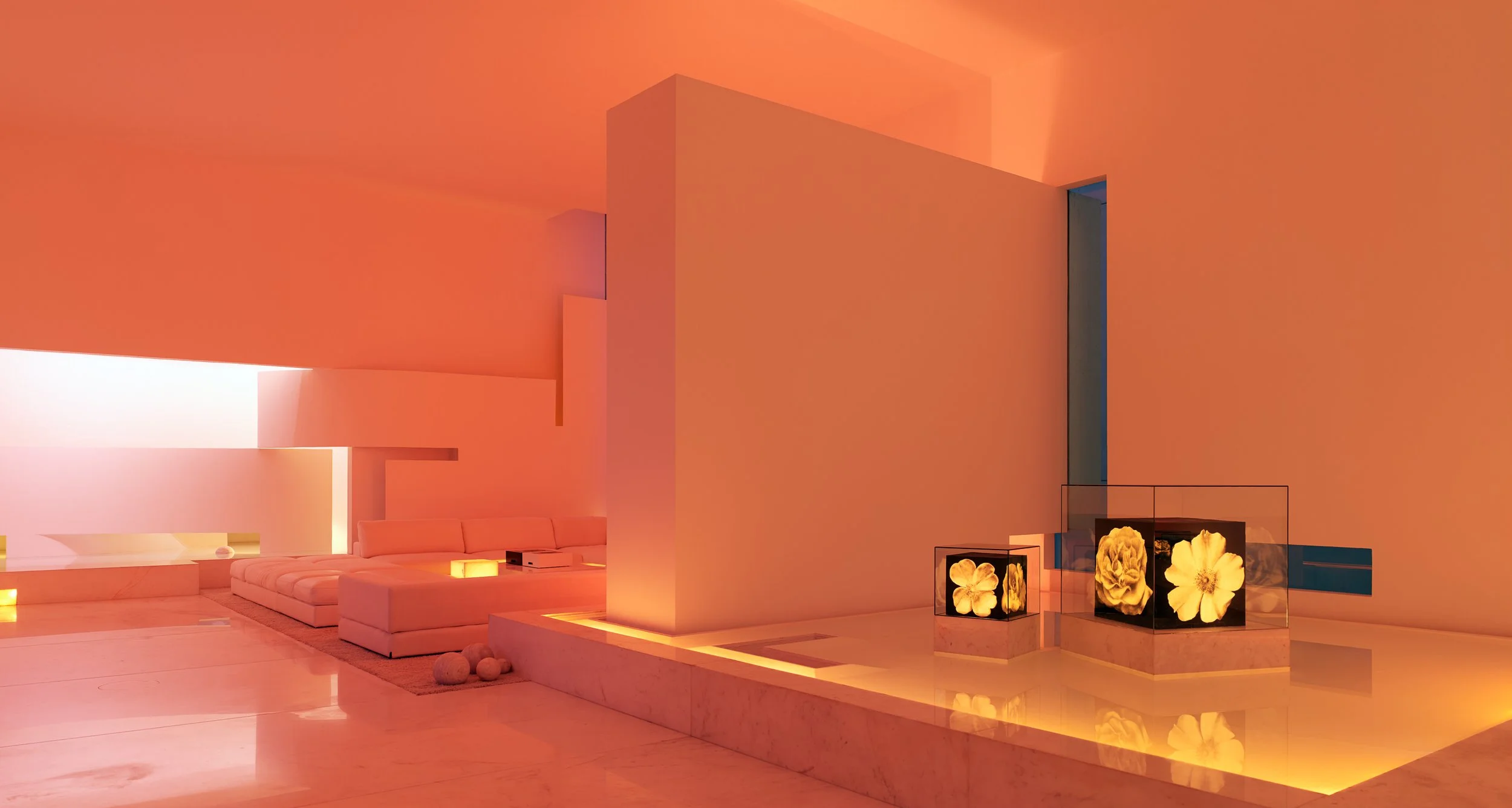 Interior minimalista con paredes de color coral y muebles en tonos claros, con iluminación suave y decoraciones florales en cajas de vidrio.