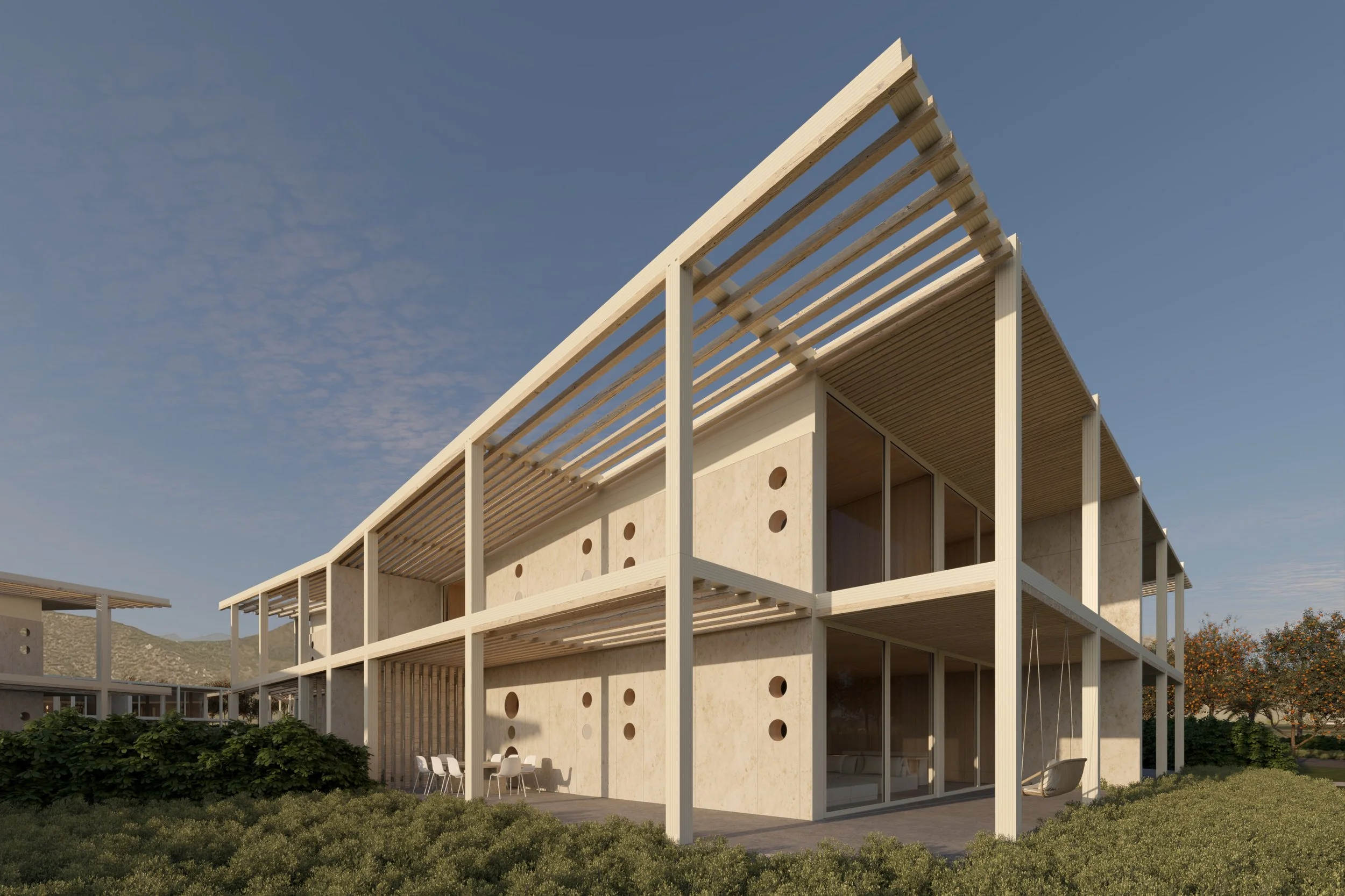 Edificio moderno en construcción con estructura de madera y paredes de piedra, rodeado de vegetación y con un cielo despejado. Architecture & Design by Rafael Aragonés Caballero & Miguel Ángel Aragonés | Taller Aragonés. Rendering: Oscar Velez