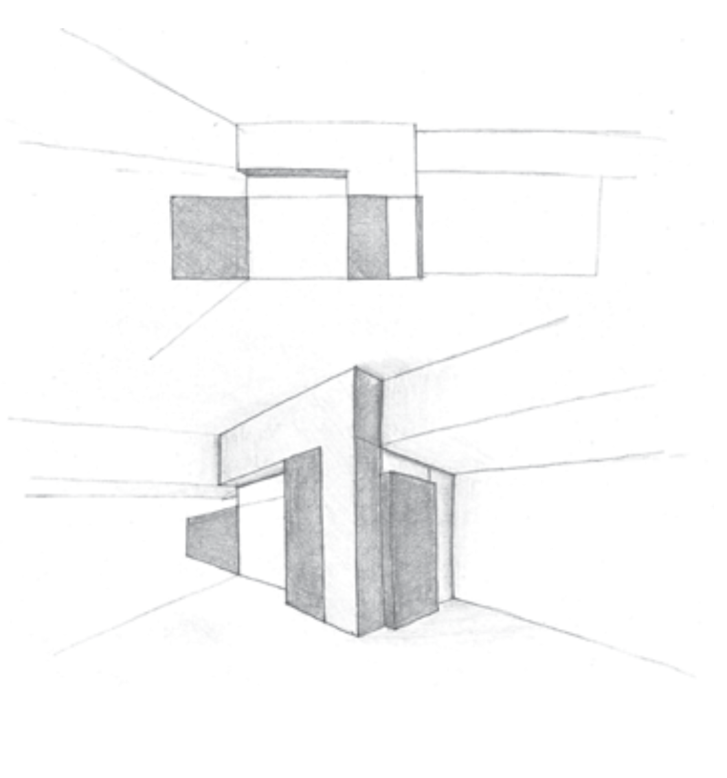 Dibujo técnico que muestra una vista frontal y en perspectiva de una estructura arquitectónica moderna, con líneas limpias y formas rectas.   Architecural Design: Rafael Aragonés Caballero, Miguel Angel Aragones. Photo: Joe Fletcher