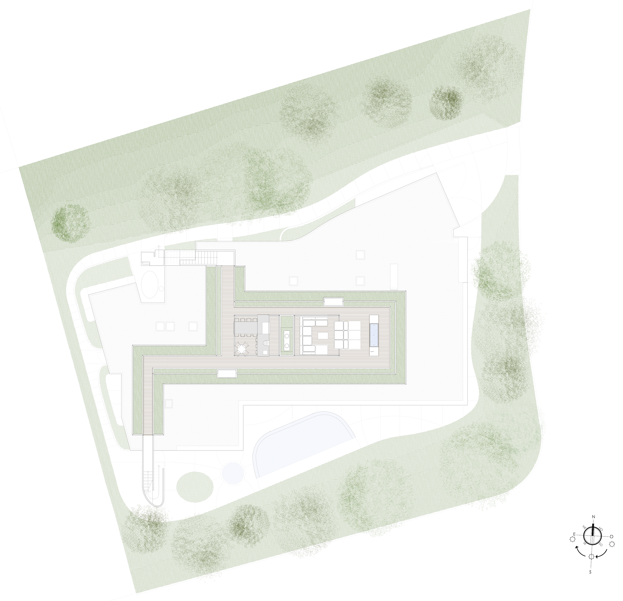 Plano arquitectónico de un edificio residencial con áreas verdes y caminos en el paisaje, orientación norte en la esquina inferior derecha. Layout by Rafael Aragonés. 