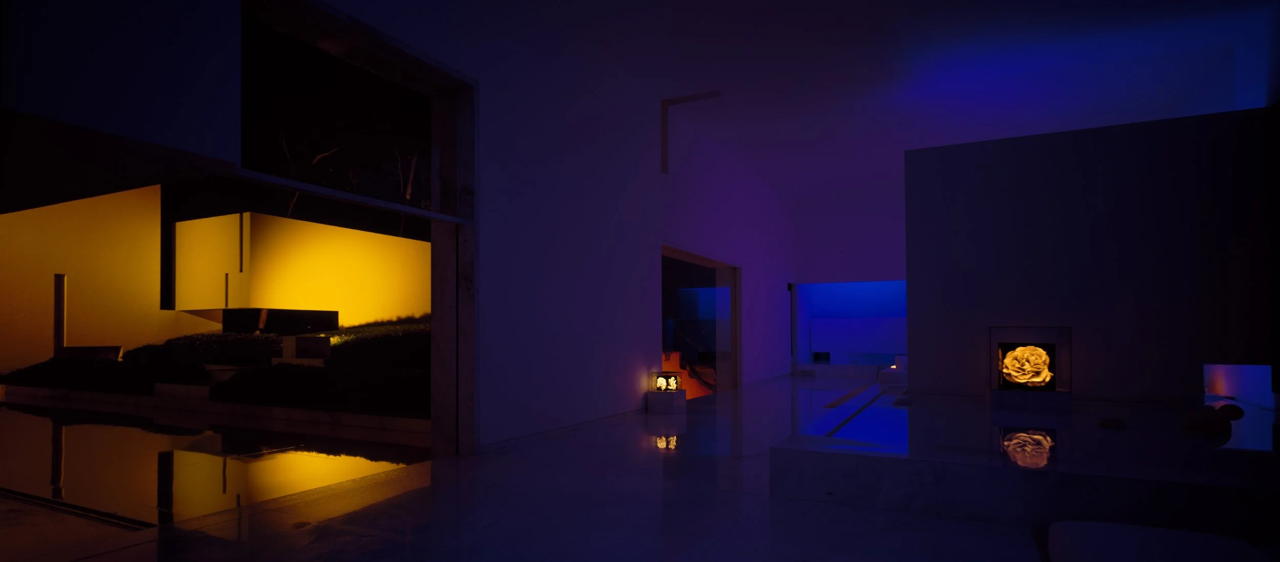 Interior de una casa moderna con iluminación ambiental en tonos cálidos y fríos, incluyendo una flor en una vitrina y una piscina reflejando las luces. Architecture & Design by Miguel Ángel Aragonés | Taller Aragonés. Photography by Joe Fletcher