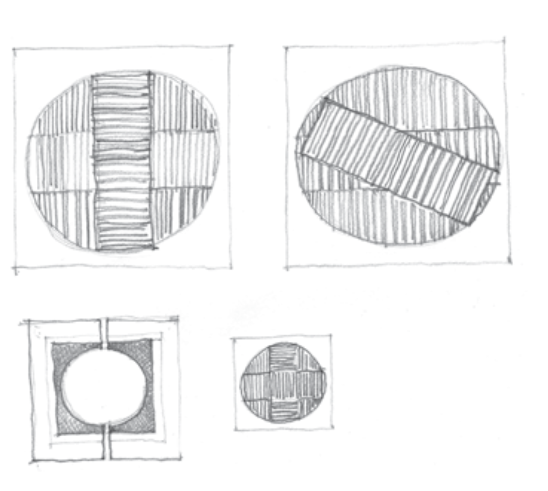 Dibujo técnico de diferentes vistas de un diseño de mosaico circular y cuadrado, con patrones de líneas verticales y horizontales. Architectural Sketch or Croquis : Miguel Angel Aragones