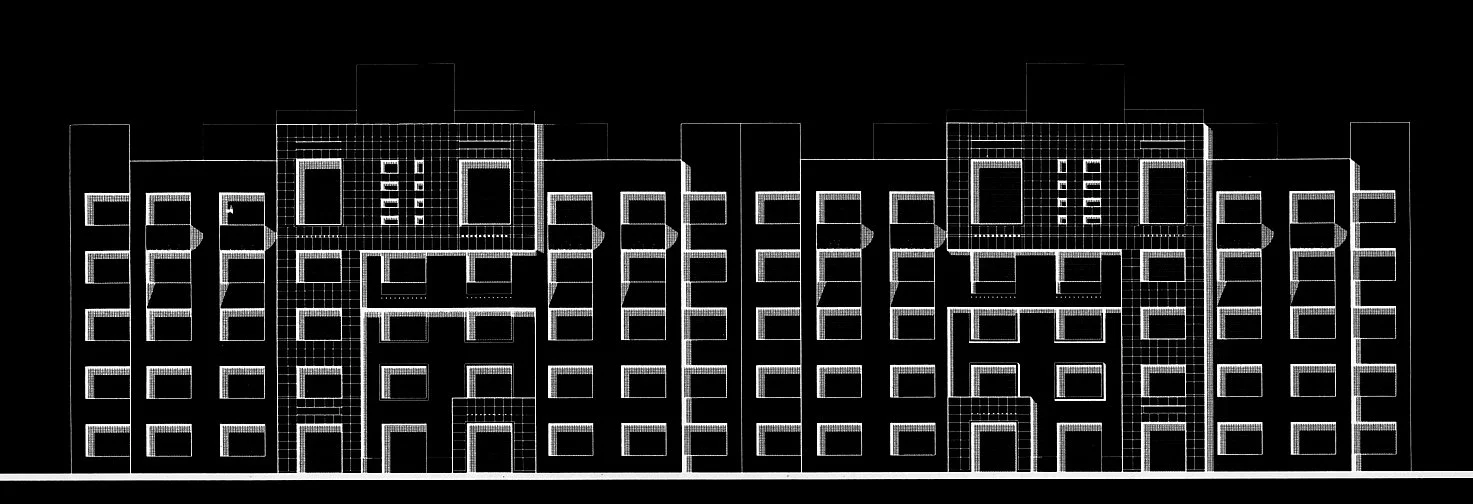 Plano arquitectónico de un edificio de varios pisos con ventanas y puertas en un fondo negro.
