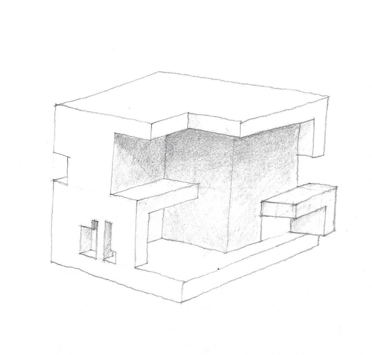 Dibujo a lápiz de una estructura de líneas rectas que parece ser un modelo en 3D de un edificio moderno con varias ventanas y niveles.