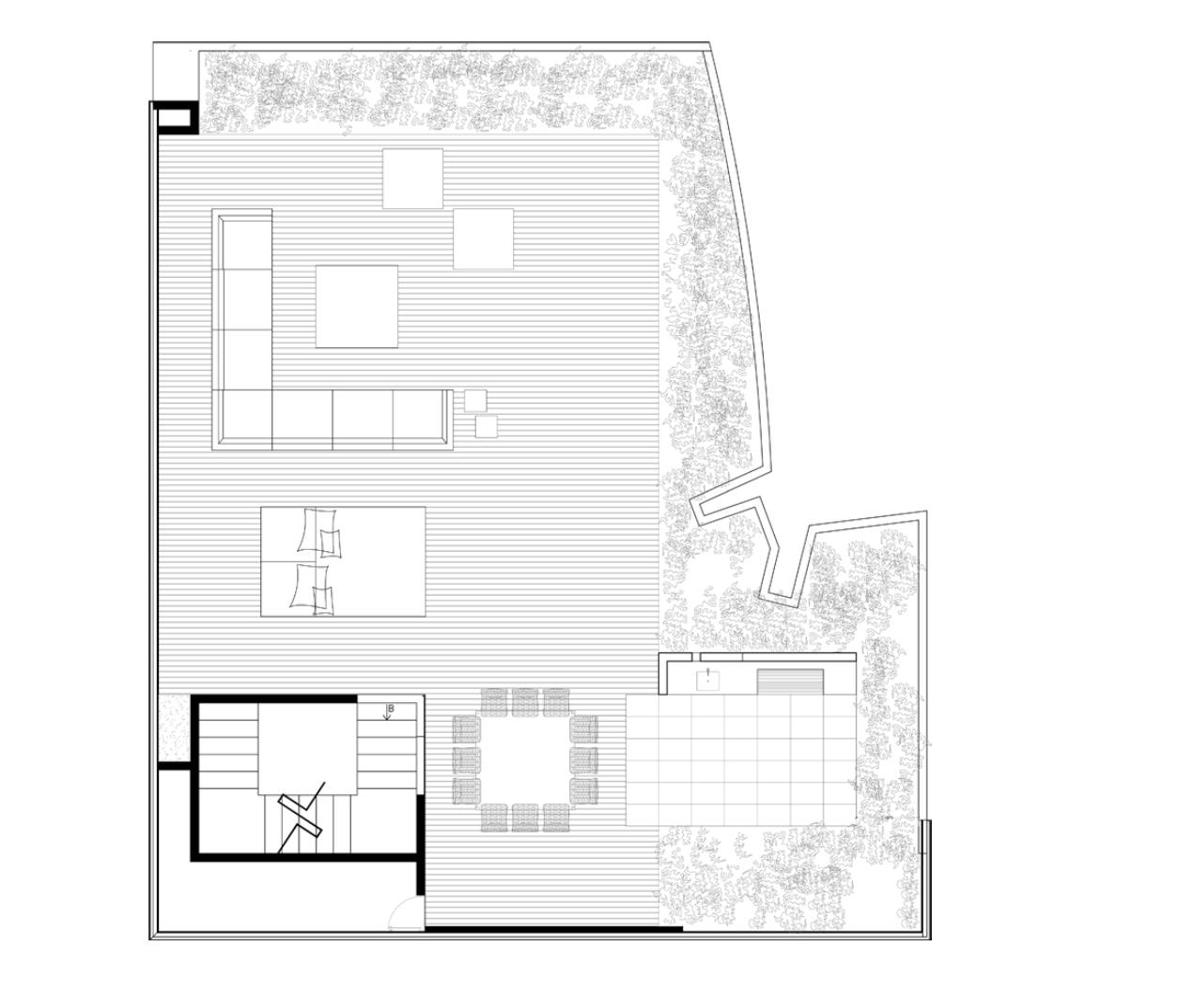 Plano arquitectónico de una terraza con mobiliario, pérgola, área de plantas y zona de comedor al aire libre.