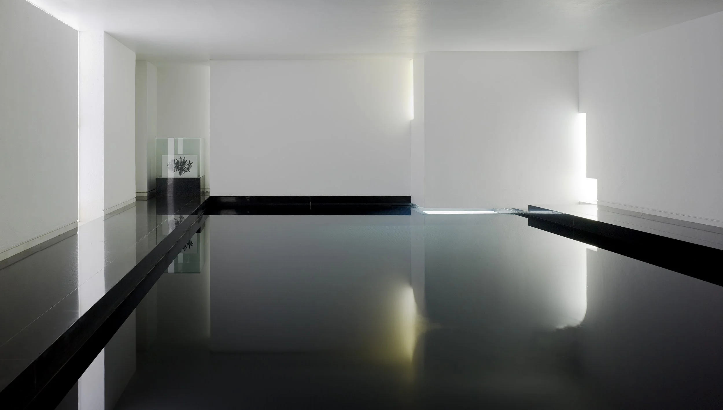 Interior moderno con paredes blancas, suelo de baldosas negras y una piscina reflectante en el centro, con una obra de arte en una vitrina junto a la pared. Architecture & Design by Miguel Ángel Aragonés | Taller Aragonés. Photography by Joe Fletcher