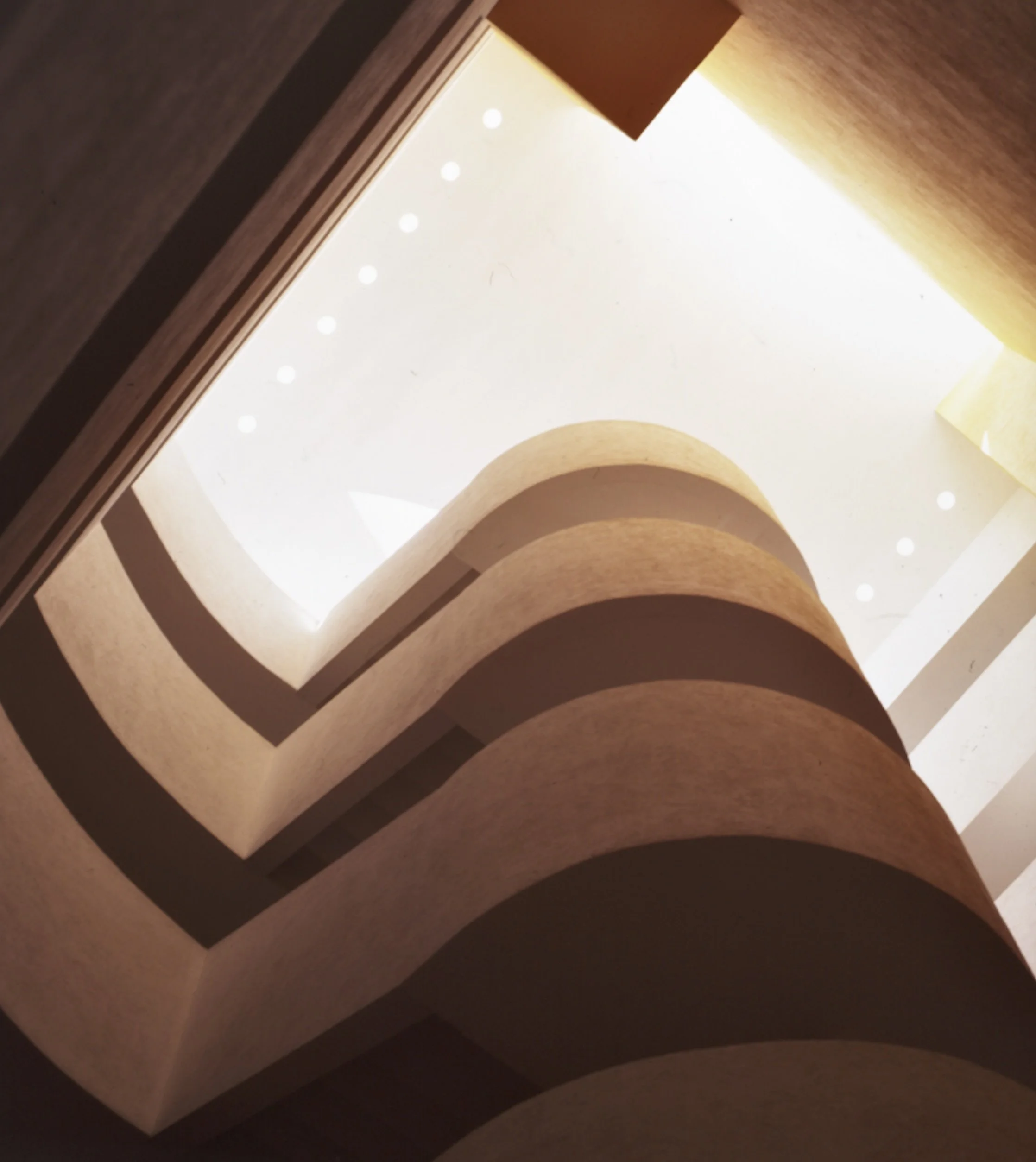 vista de un techo con luces empotradas y una estructura de arcos de madera.