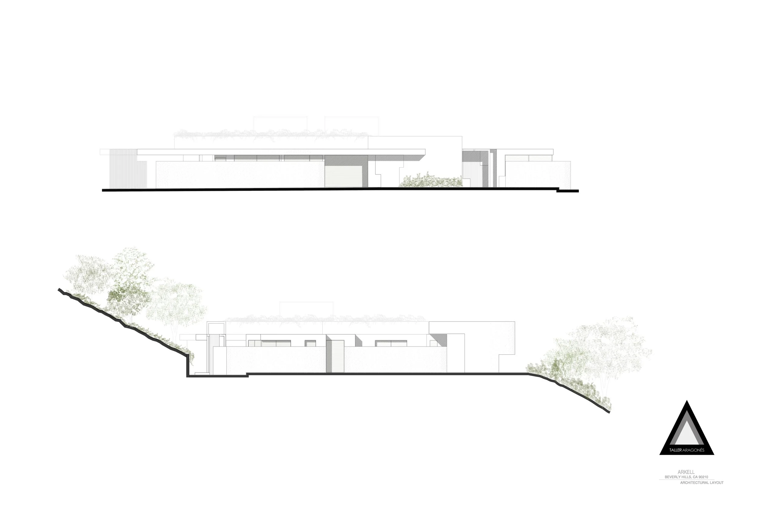 Plano arquitectónico de una vivienda moderna diseñada por Taller Aragónes, con detalles de plantas y estructura en plano. Incluye textos en inglés y logotipo de Taller Aragónes.