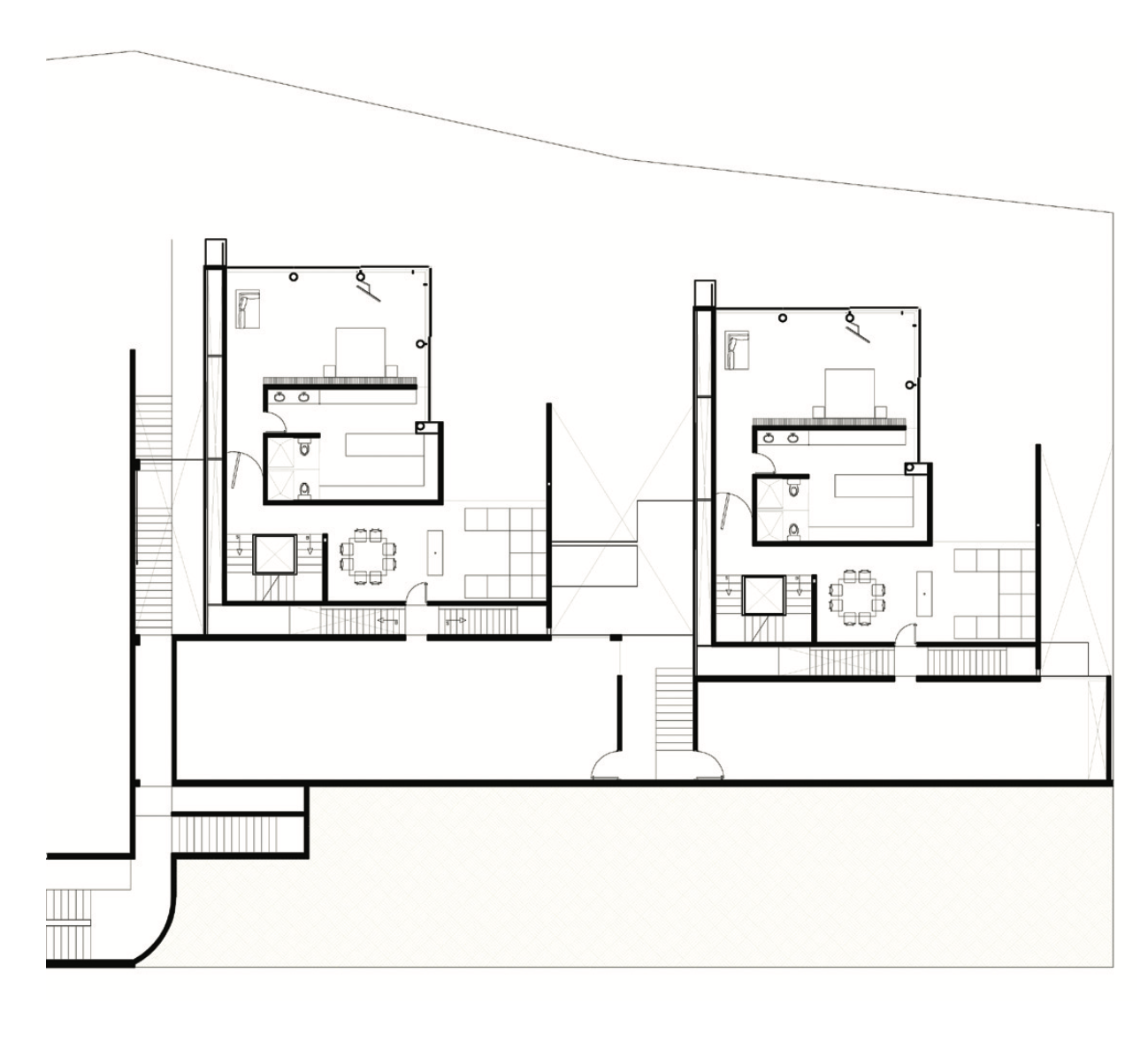 Plano arquitectónico de doble vivienda unifamiliar, con áreas habitables, escaleras y áreas exteriores.»