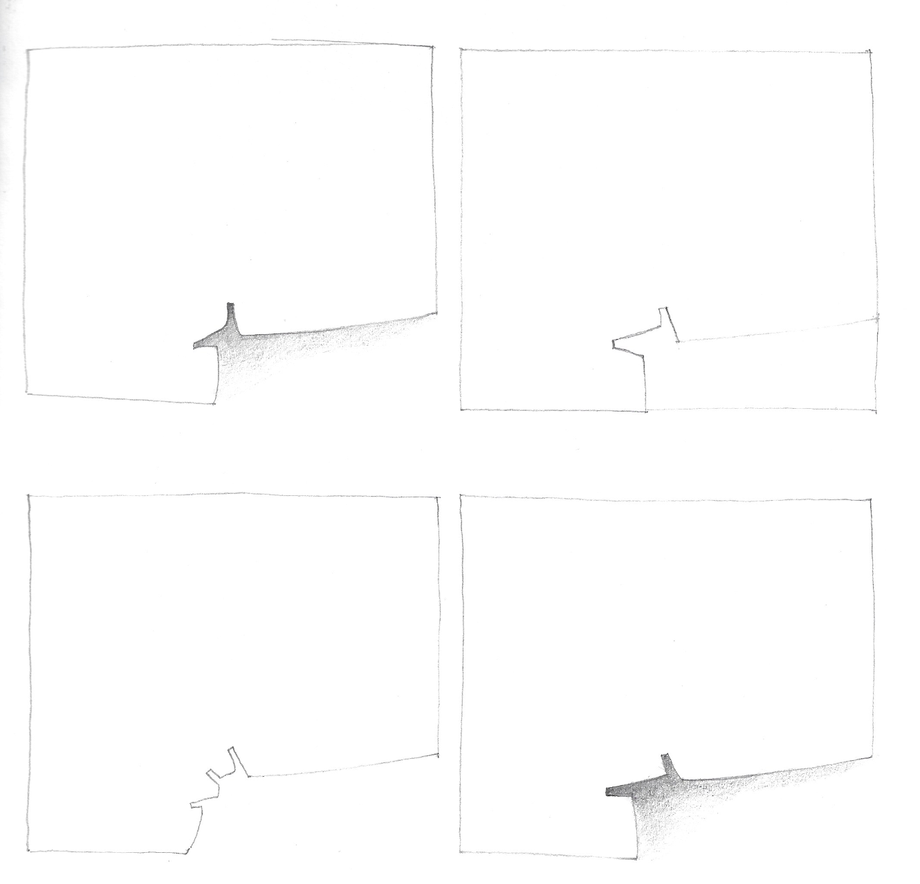 Cuatro planos de una misma figura, que parece un recorte de papel con una parte cortada en forma de línea, dispuestos en una cuadrícula, con diferentes sombreados y delineados.