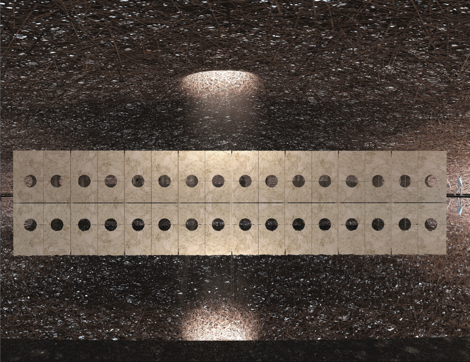 A modern, surrealist structure resembling an artistic installation in a dark space, with a fabric ceiling that filters light through at various points, a smooth reflective floor with circular patterns, and a person walking on a narrow walkway. Pi Pro