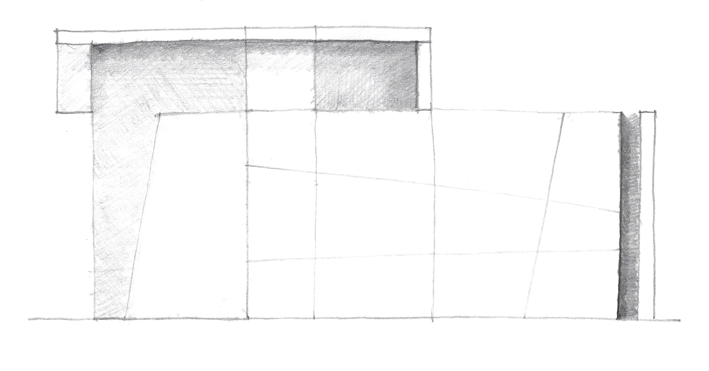 Boceto técnico en lápiz de un diseño arquitectónico en perspectiva con varias líneas y zonas sombreadas.