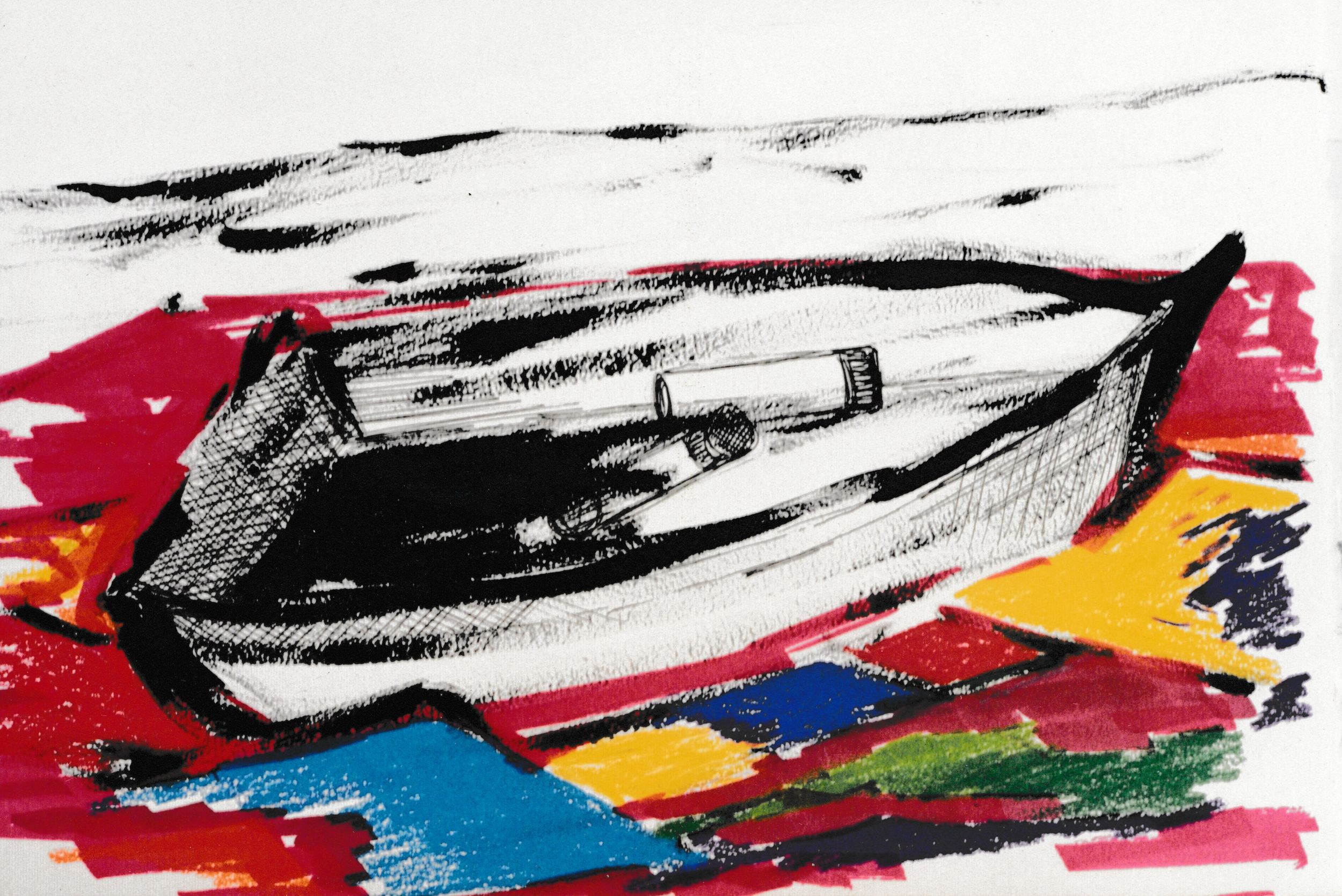 Abstract painting of a small boat rendered in black and white, floating against vibrant red, blue, and yellow brushstrokes.