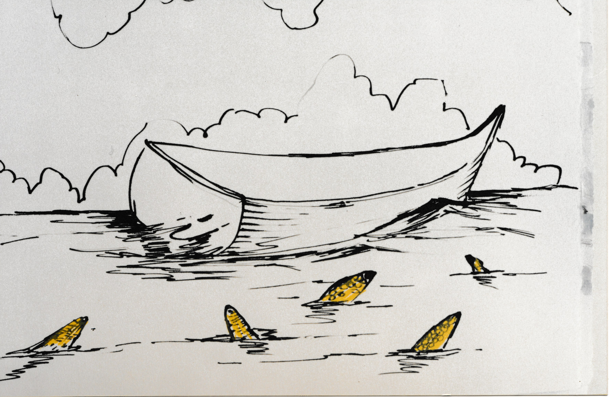 Line drawing of an empty boat floating on water while several ears of corn float near by. 