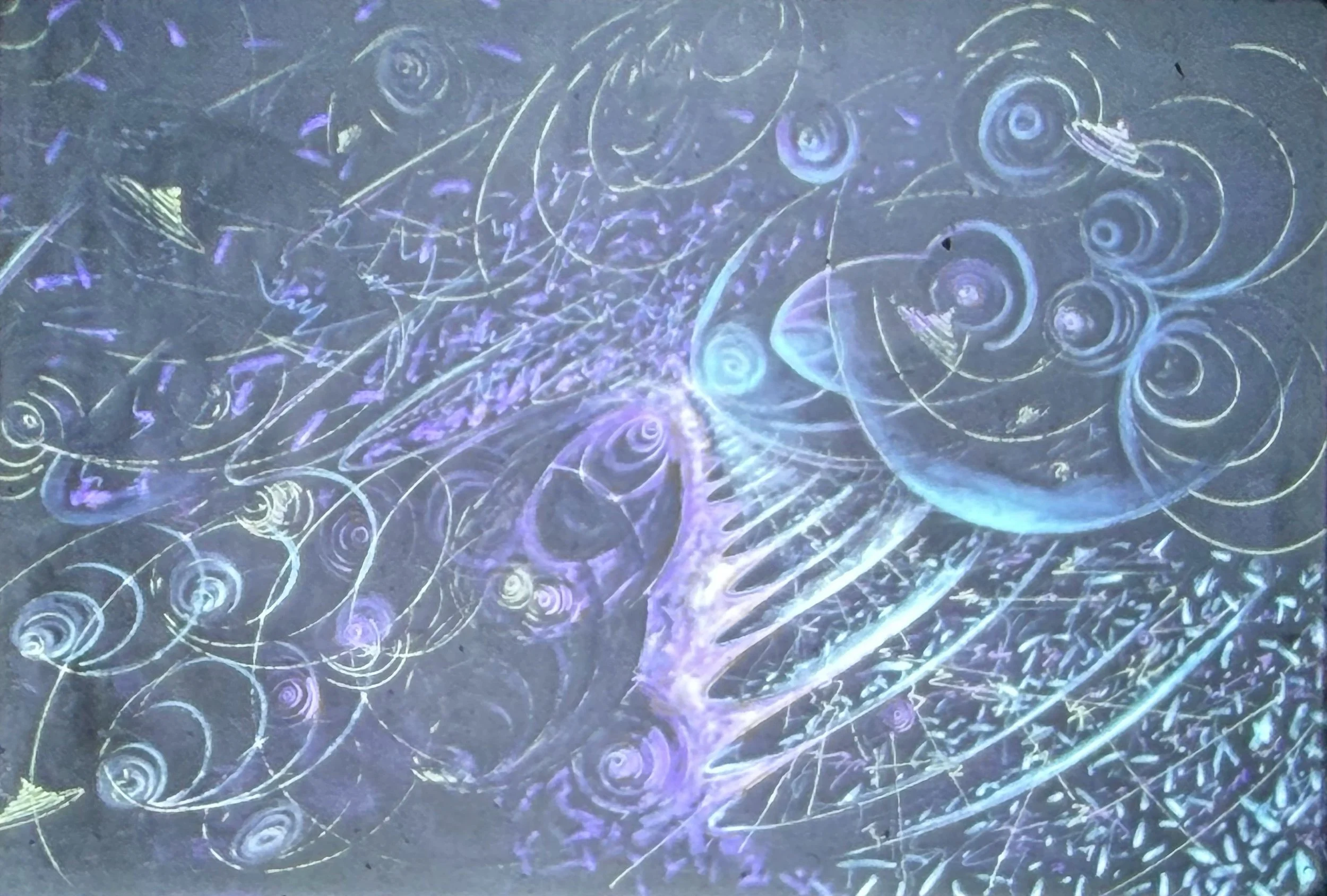 Abstract composition of swirling circular forms and fine white lines across a blue and purple background.