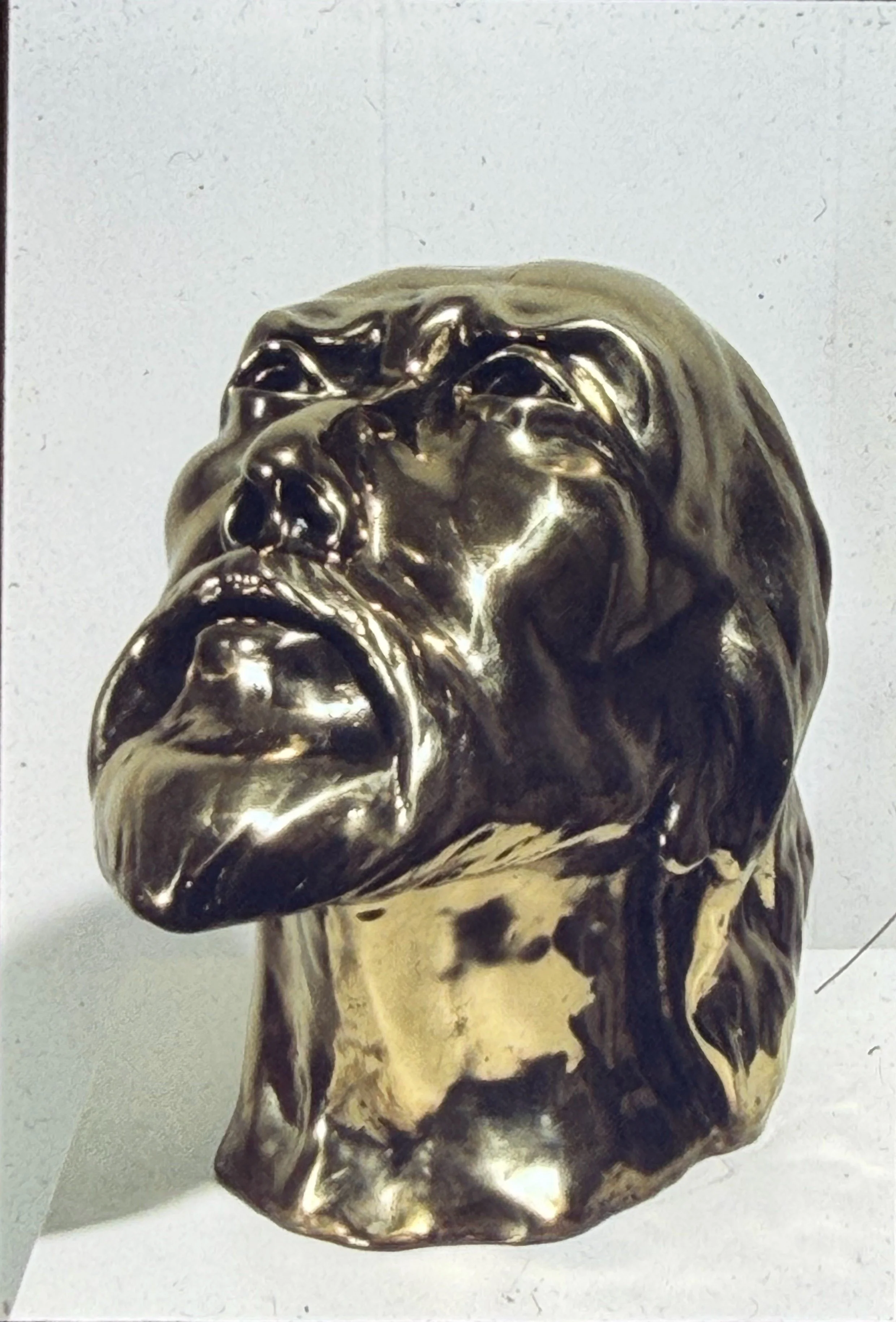 Polished bronze portrait with head tilted upward, eyes looking upward, and neck extended in a gesture of surrender or reflection.