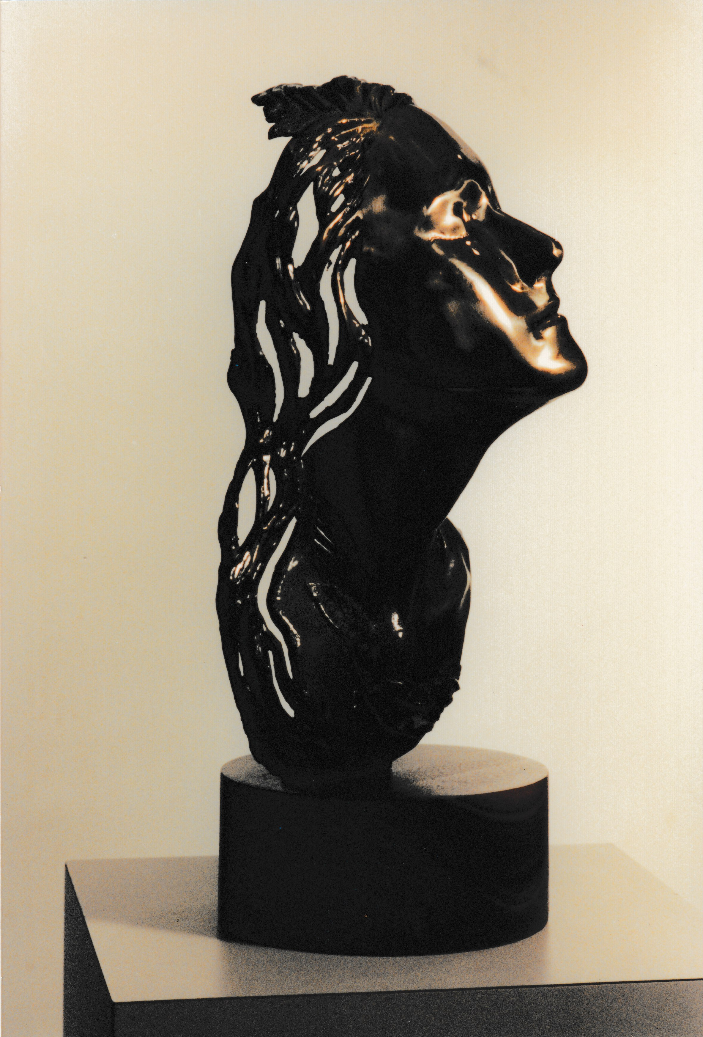 Side profile of the dark bronze female portrait, emphasizing the sweeping hair and elongated neck.