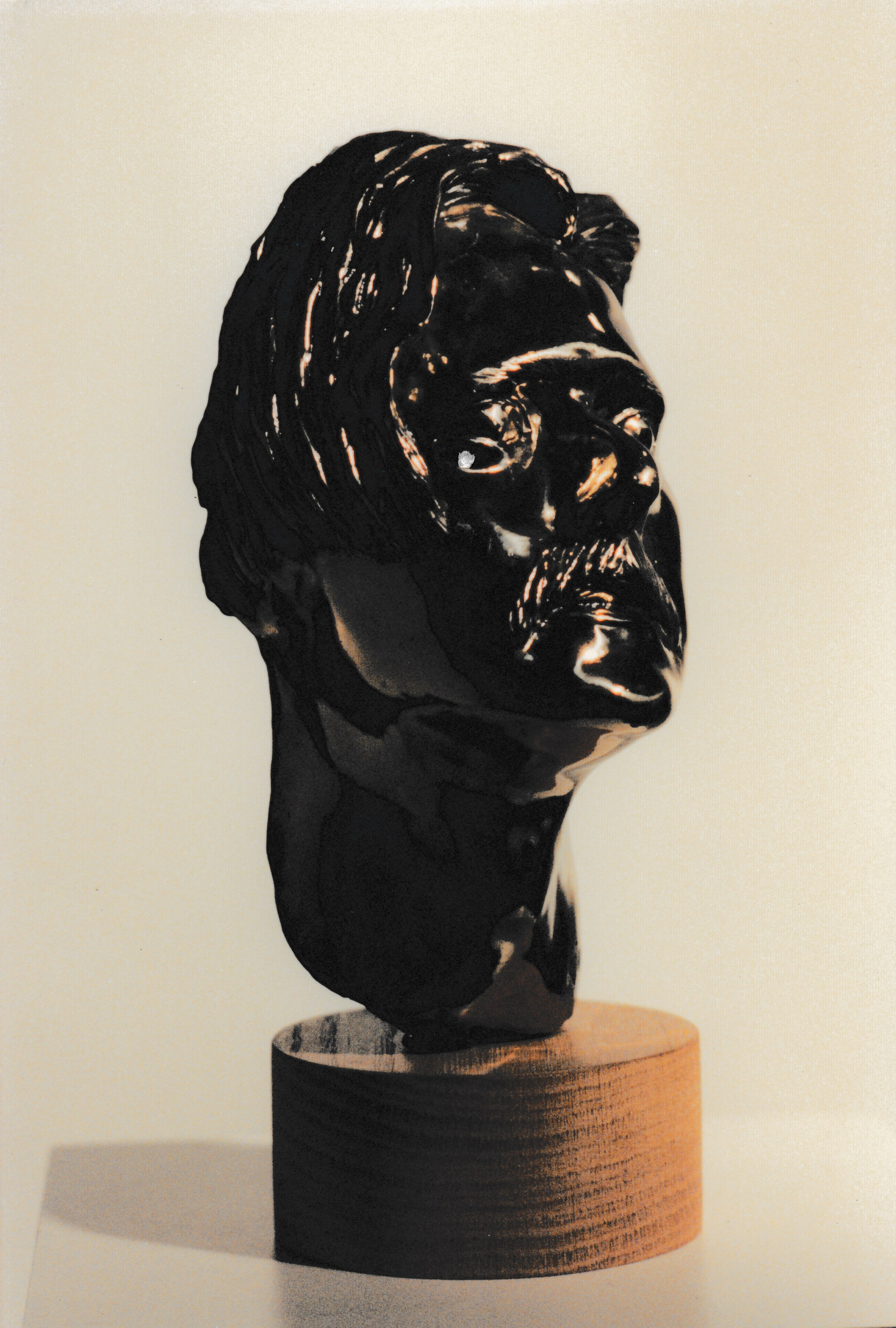 Glossy dark bronze head with wavy hair, a thick mustache, chin raised and face turned toward the light.