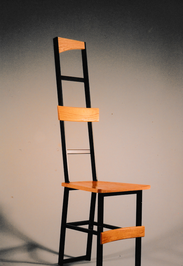Alternate front-facing view highlighting the contrast between wood and black metal.