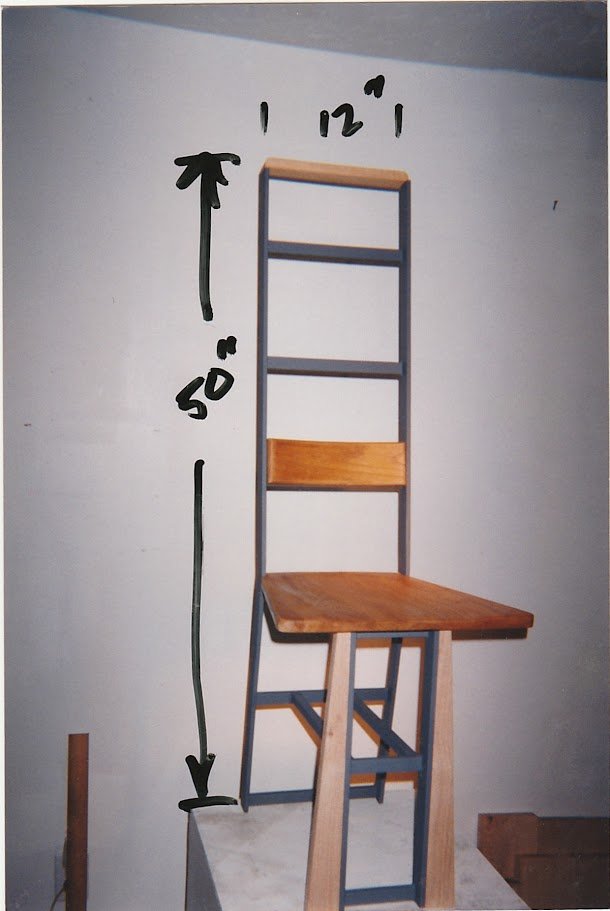 Ladder-back chair photographed from the front on a pedestal with dimensional notes.