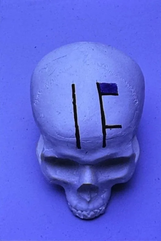 White skull sculpture displayed against a dusk-blue background, with the word “IF” painted in black across the forehead.
