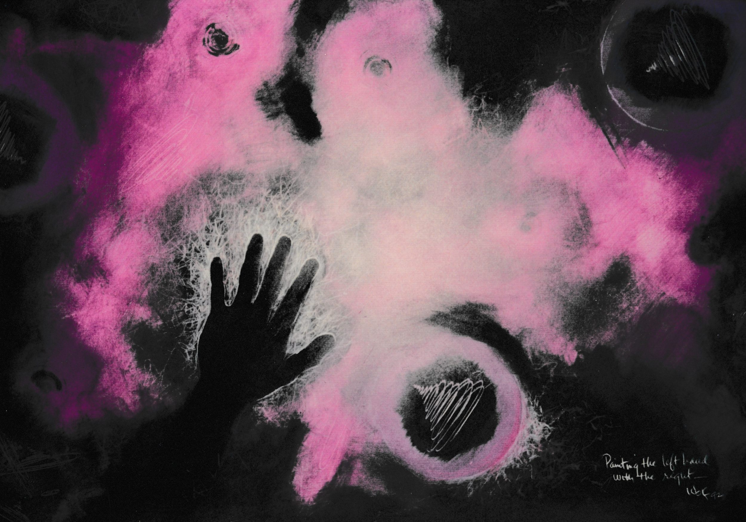 Black silhouetted hand reaching into a cloud of pink and white abstract forms.