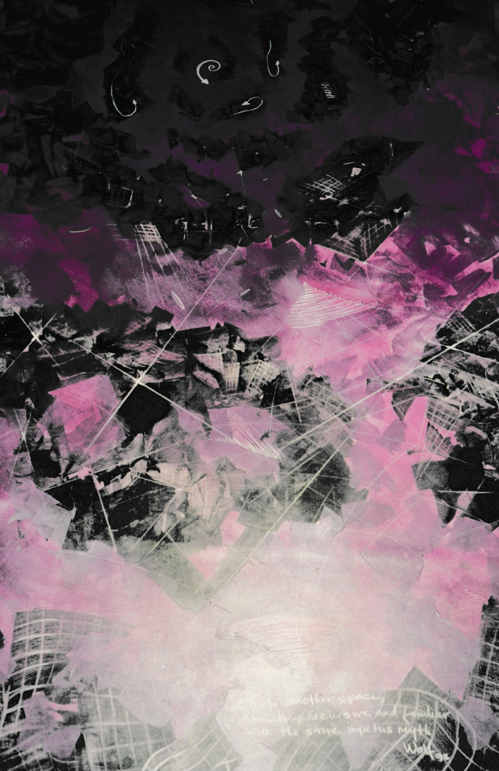 Layered abstract painting combining pink, black, and white textures with fragmented geometric elements.