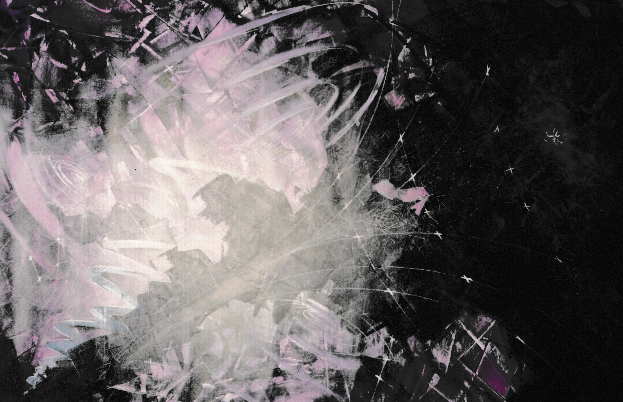 Energetic abstract composition of white brushstrokes and swirling forms emerging from a dark background.