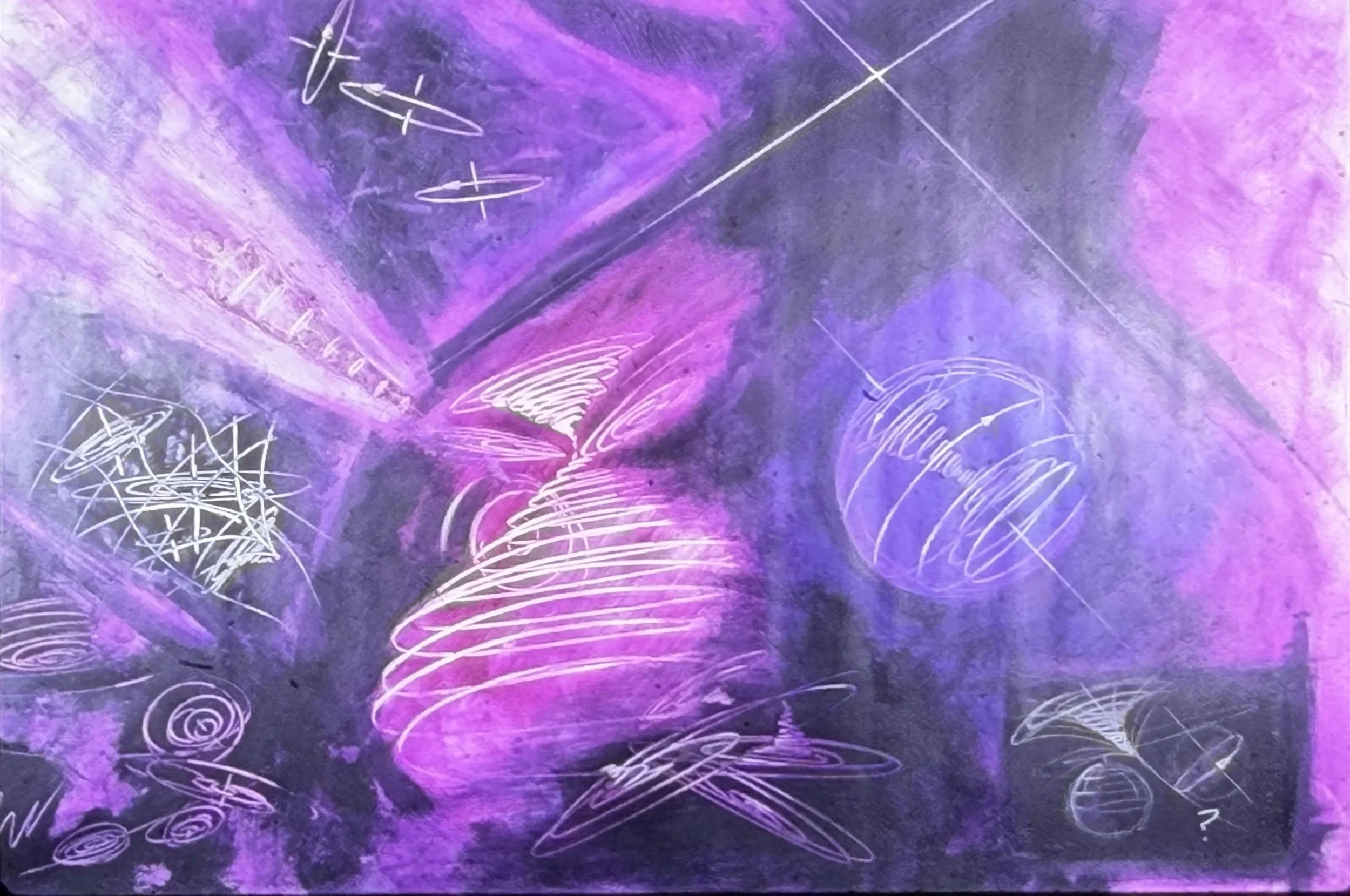Purple abstract painting featuring spiraling forms, geometric sketches, and floating linear elements.