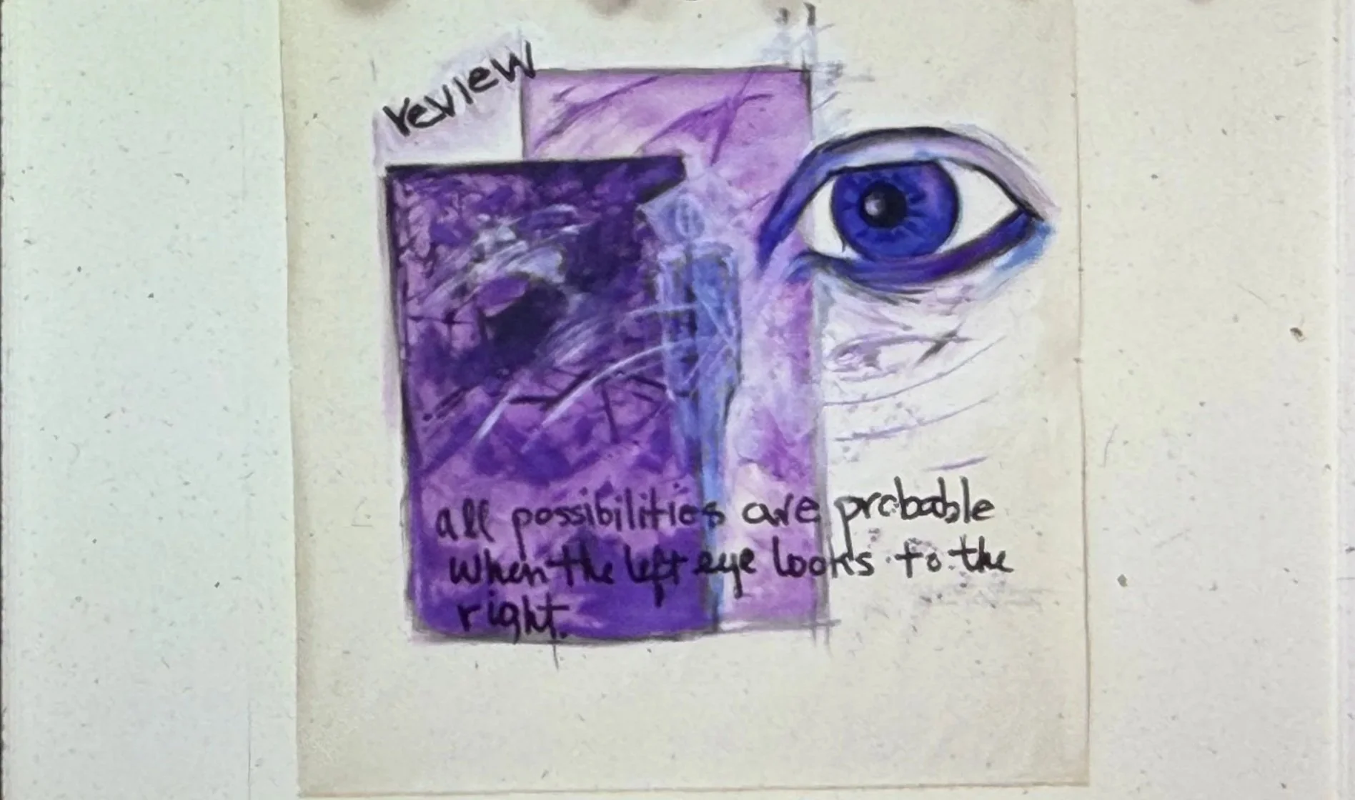 Mixed-media artwork featuring a blue eye, abstract imagery, and handwritten text on a pale background.