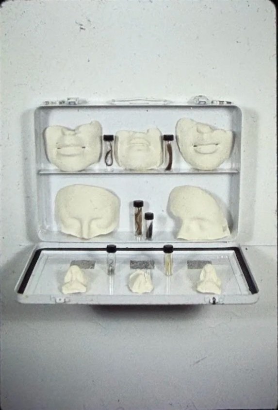 Life-casting kit displayed in an open metal case containing plaster facial molds and small vials of wheat, photographed against a plain wall.