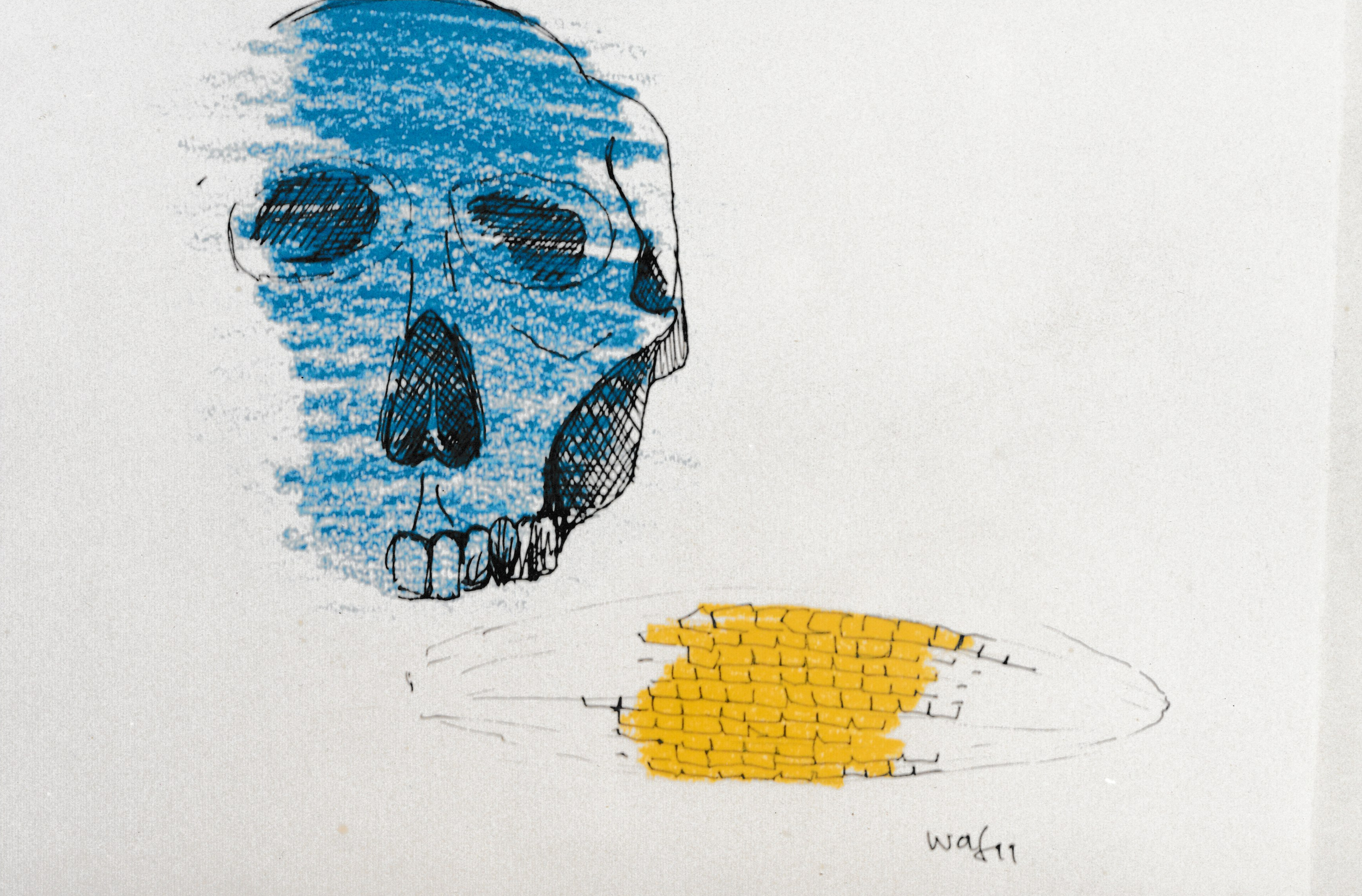 Blue skull drawing floating above an ear of corn on a white background.
