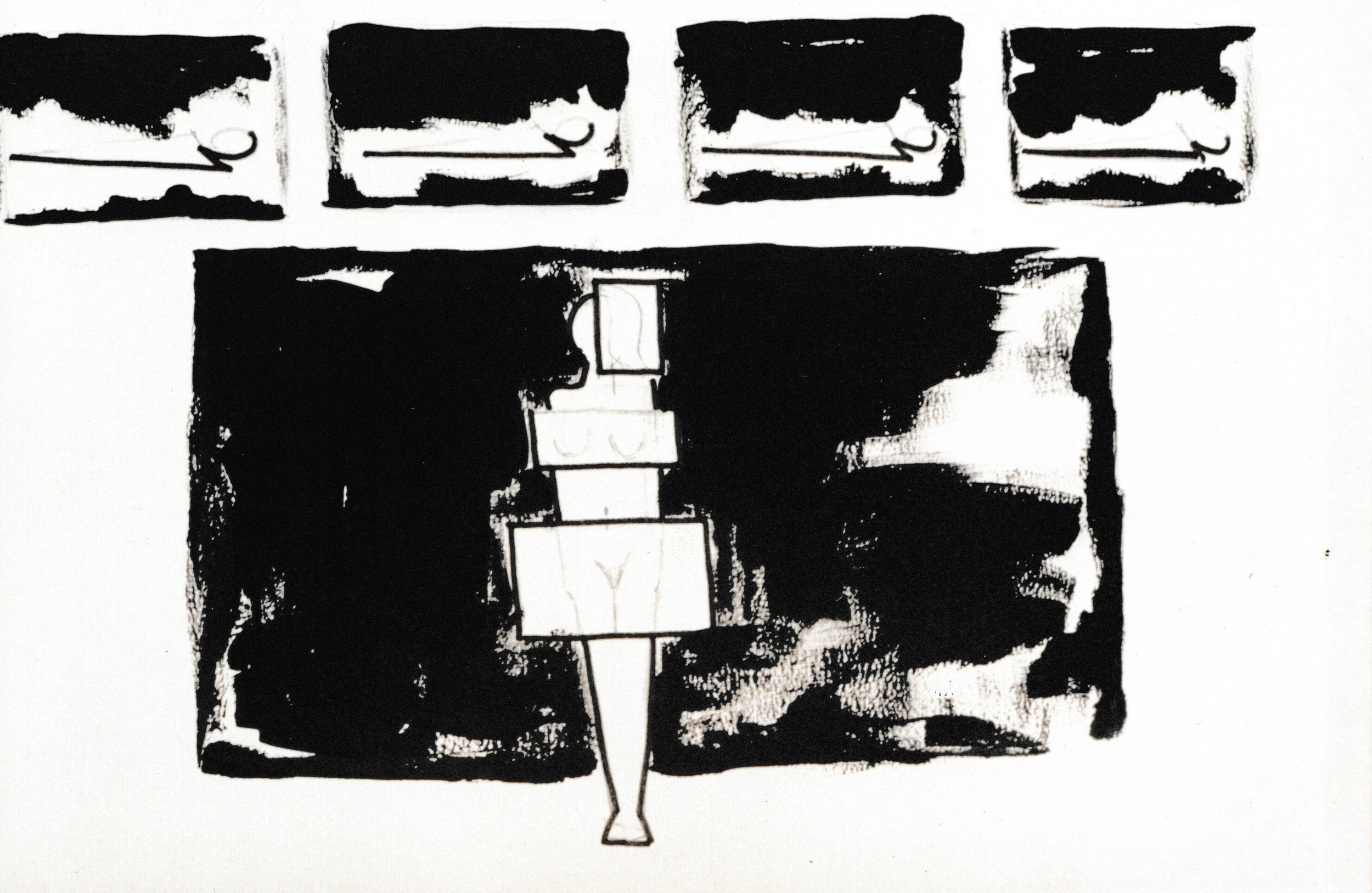 Black-and-white abstract artwork with a central tower-like structure surrounded by bold brushstrokes and smaller rectangular forms below.