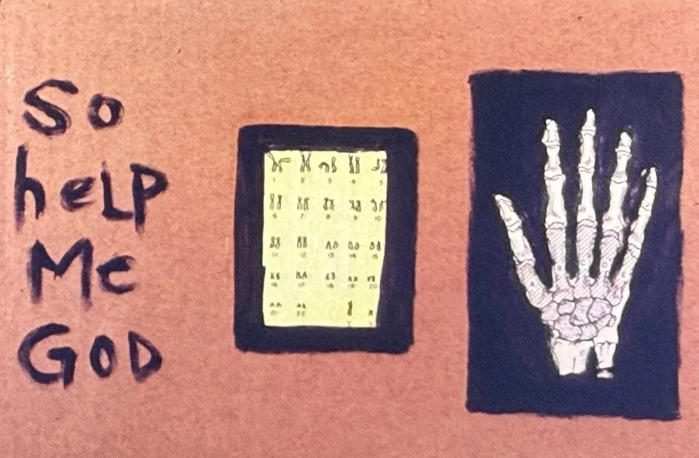 Handwritten phrase reading “So help Me God” displayed beside a small chart and an anatomical hand illustration.