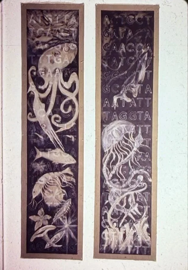 Two tall vertical panels filled with decorative symbols, letters, and organic water life arranged in a symmetrical composition.