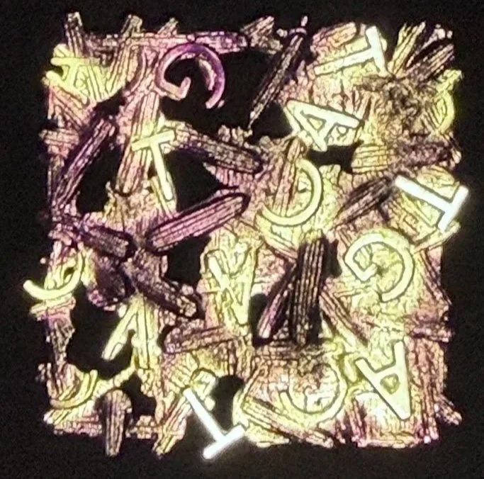 Dense abstract composition of intertwined symbols, letters, and organic shapes rendered in gold and purple tones against a black background.