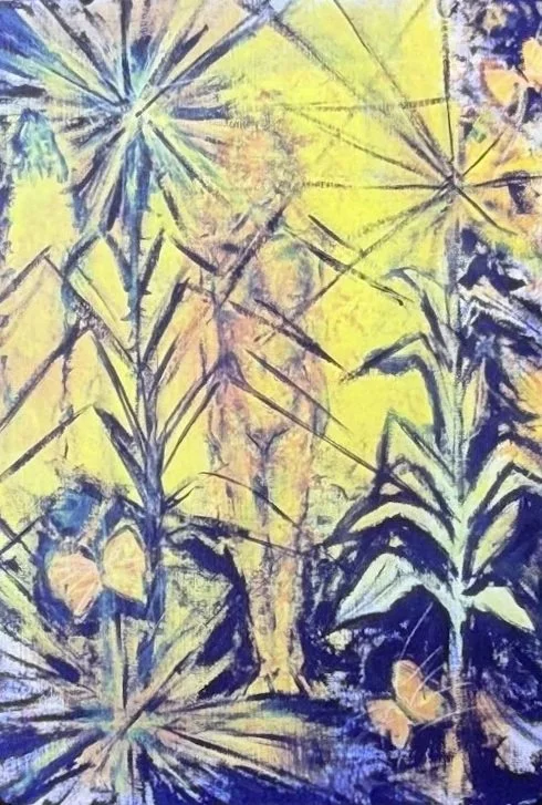 Stylized botanical scene featuring tall plants and grasses rendered in purple, yellow, and blue tones.