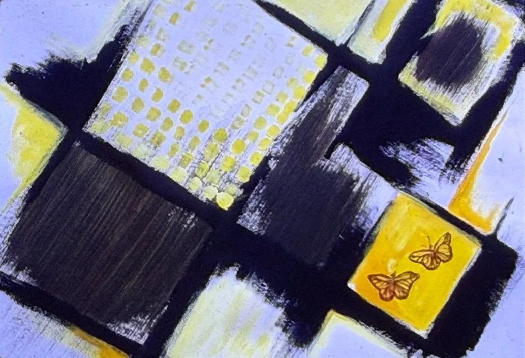 Geometric abstract artwork composed of intersecting black, white, and yellow rectangles with a butterfly motif in one corner.