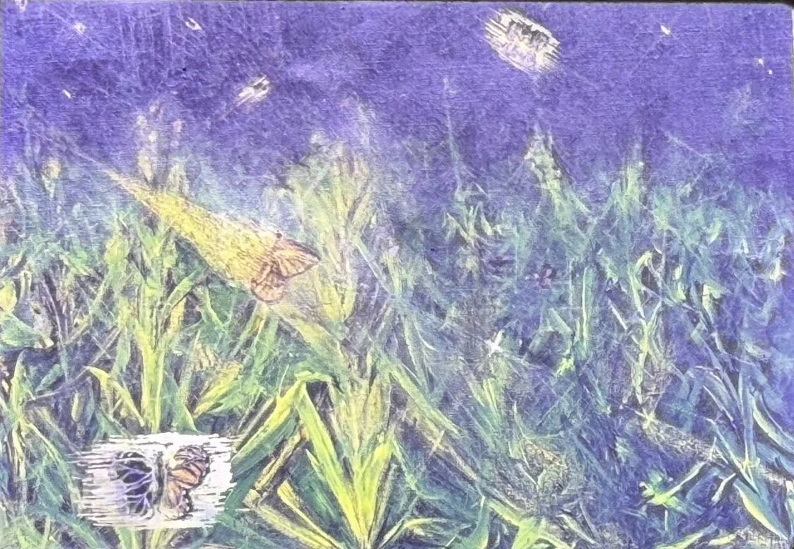 Butterfly hovering above a field of grasses and wild plants beneath a purple sky.
