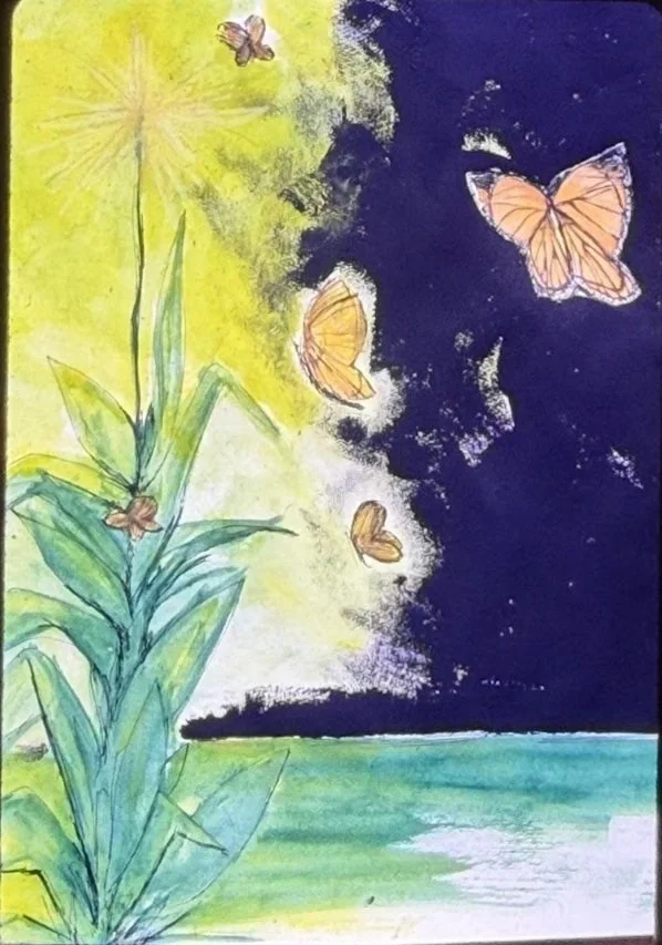 Tall flowering plant surrounded by butterflies beside a blue-green shoreline and dark sky.