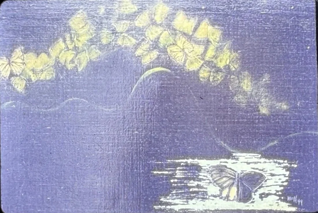 Butterfly reflected in calm water beneath a pale arch of butterflies stretching across a purple-toned sky.