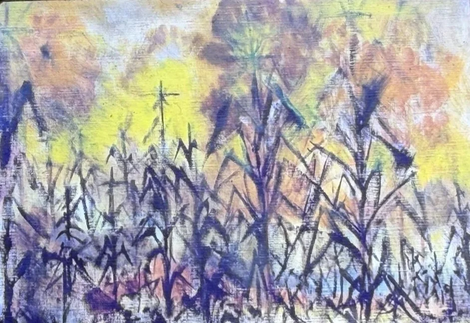 Atmospheric landscape of grasses, wildflowers, and butterflies rendered in layered pastel colors.