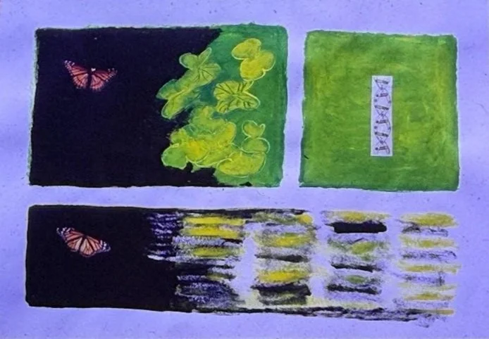 Grid-like composition featuring butterfly imagery, botanical forms, and blocks of green and purple color.