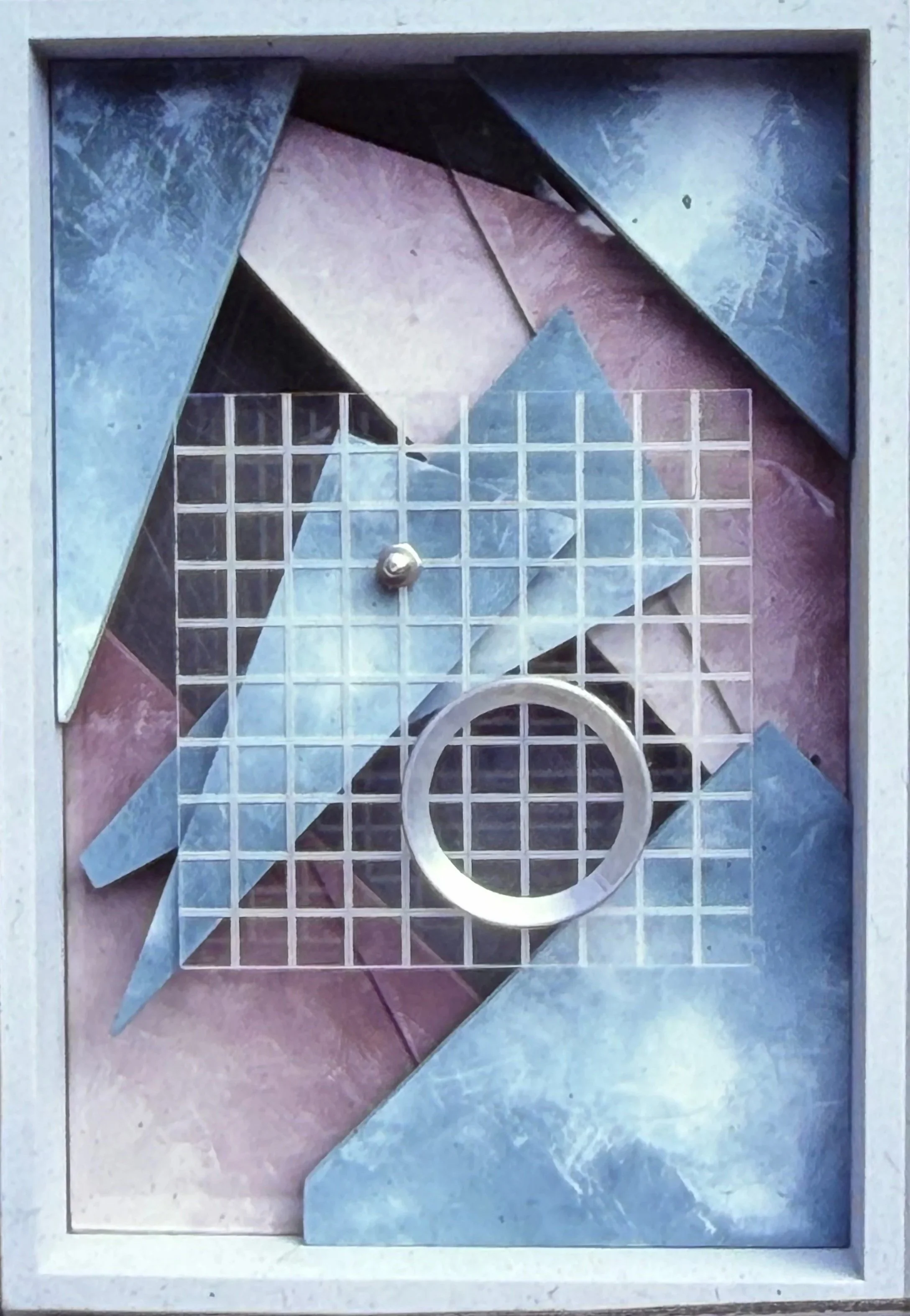 Abstract geometric composition combining grids, circles, and angular shapes in shades of blue, gray, and lavender.