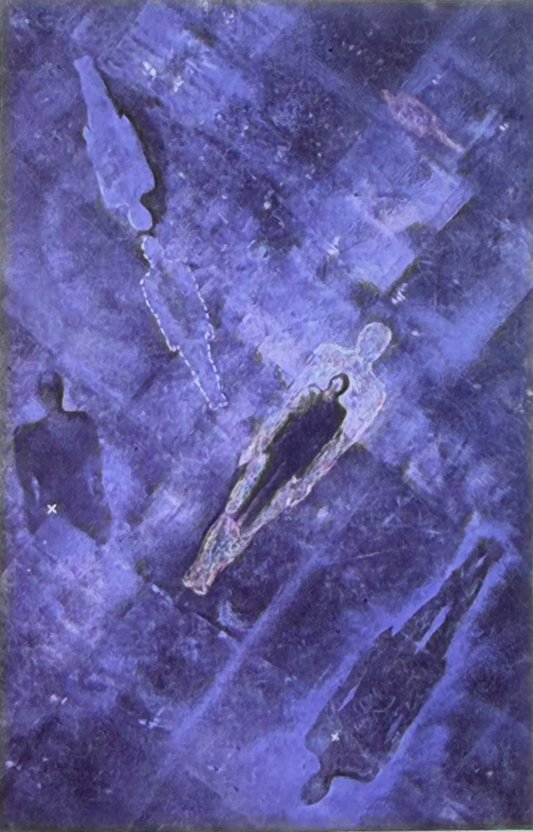 Abstract purple composition featuring layered textures and elongated floating human forms.