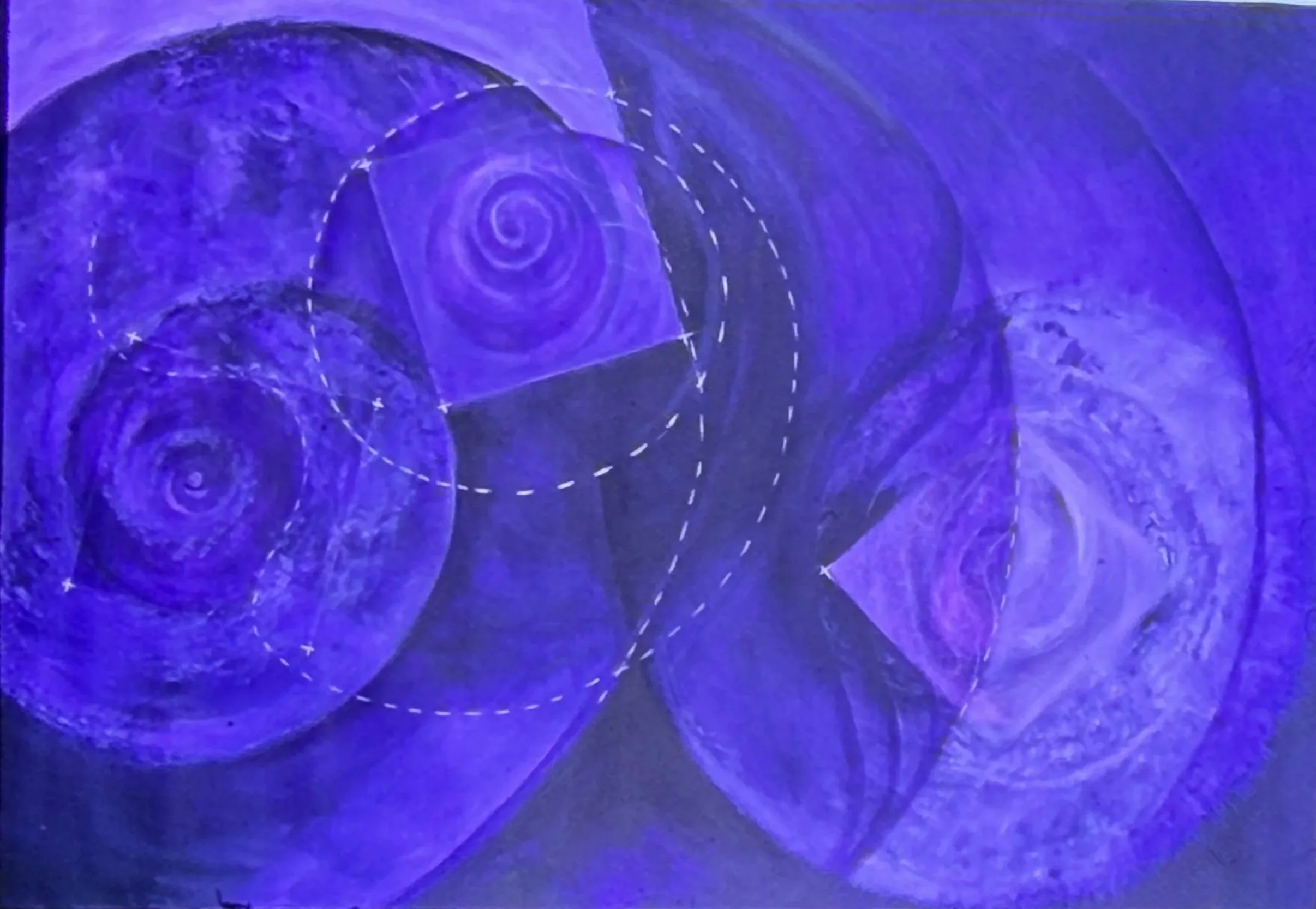Abstract painting of overlapping purple circular forms connected by curved dotted pathways.