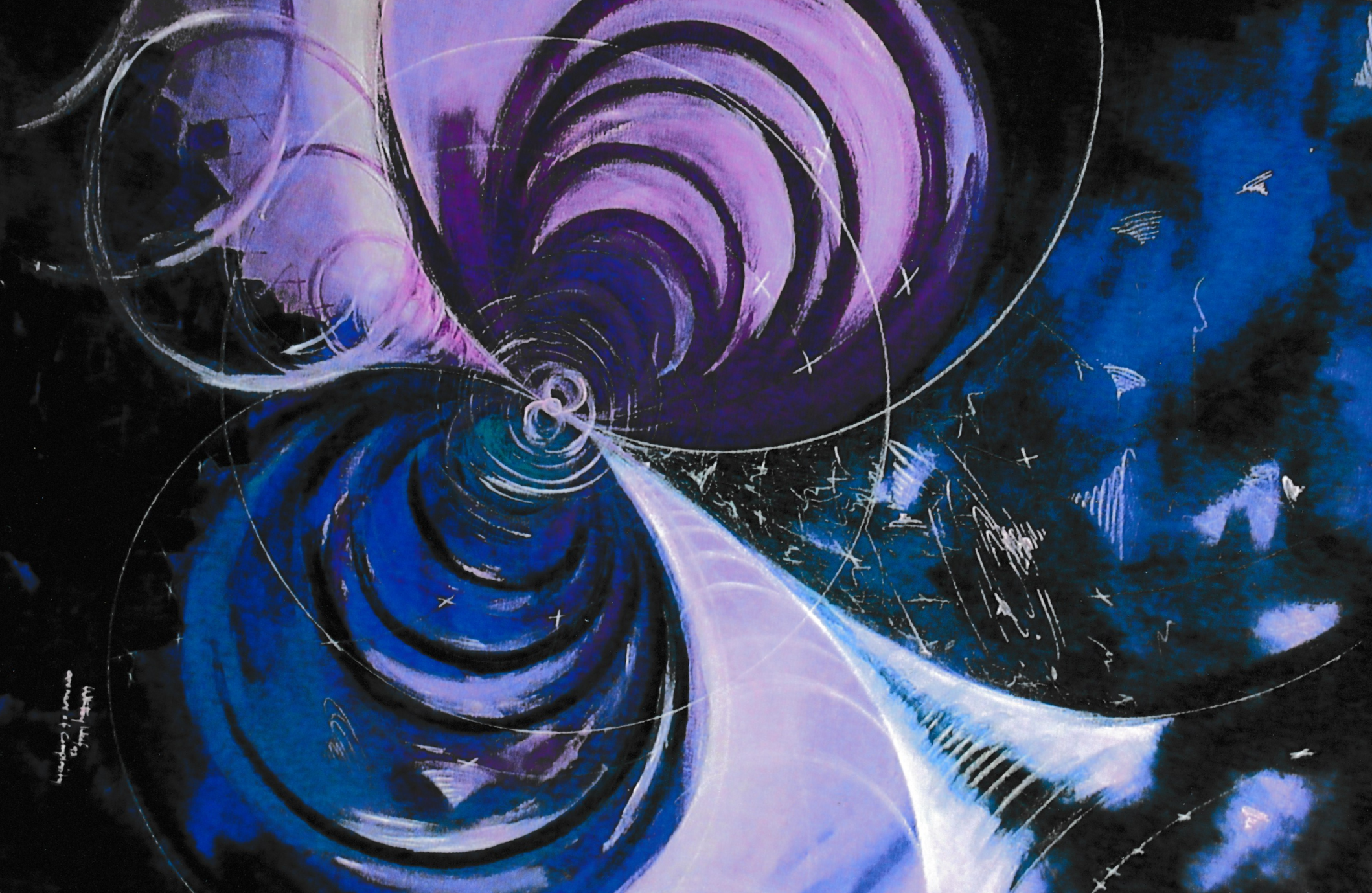 Spiral composition of blue, purple, black, and white forms converging toward a central vortex.