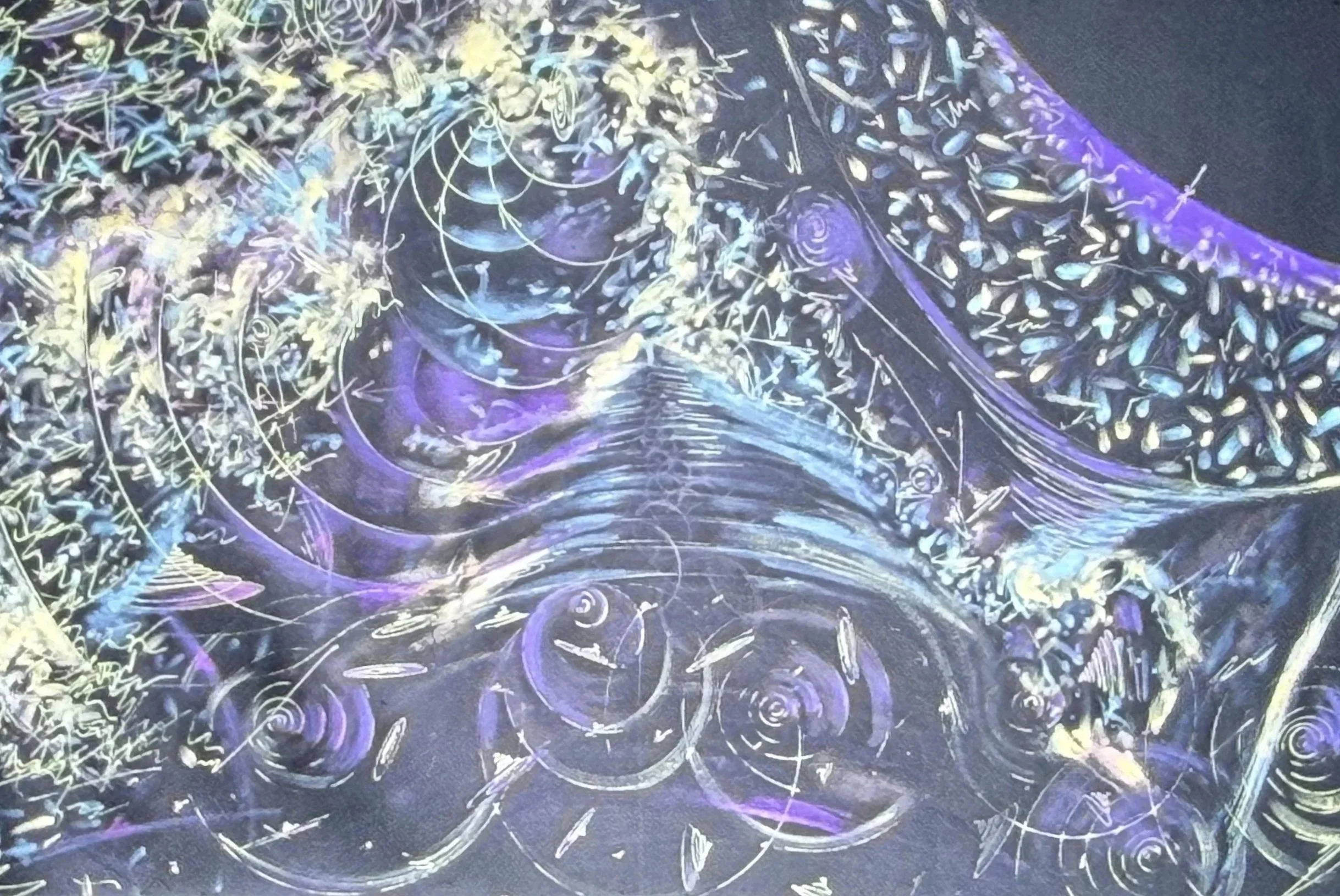 Dense field of luminous spiral patterns and layered textures in shades of purple, blue, and white.