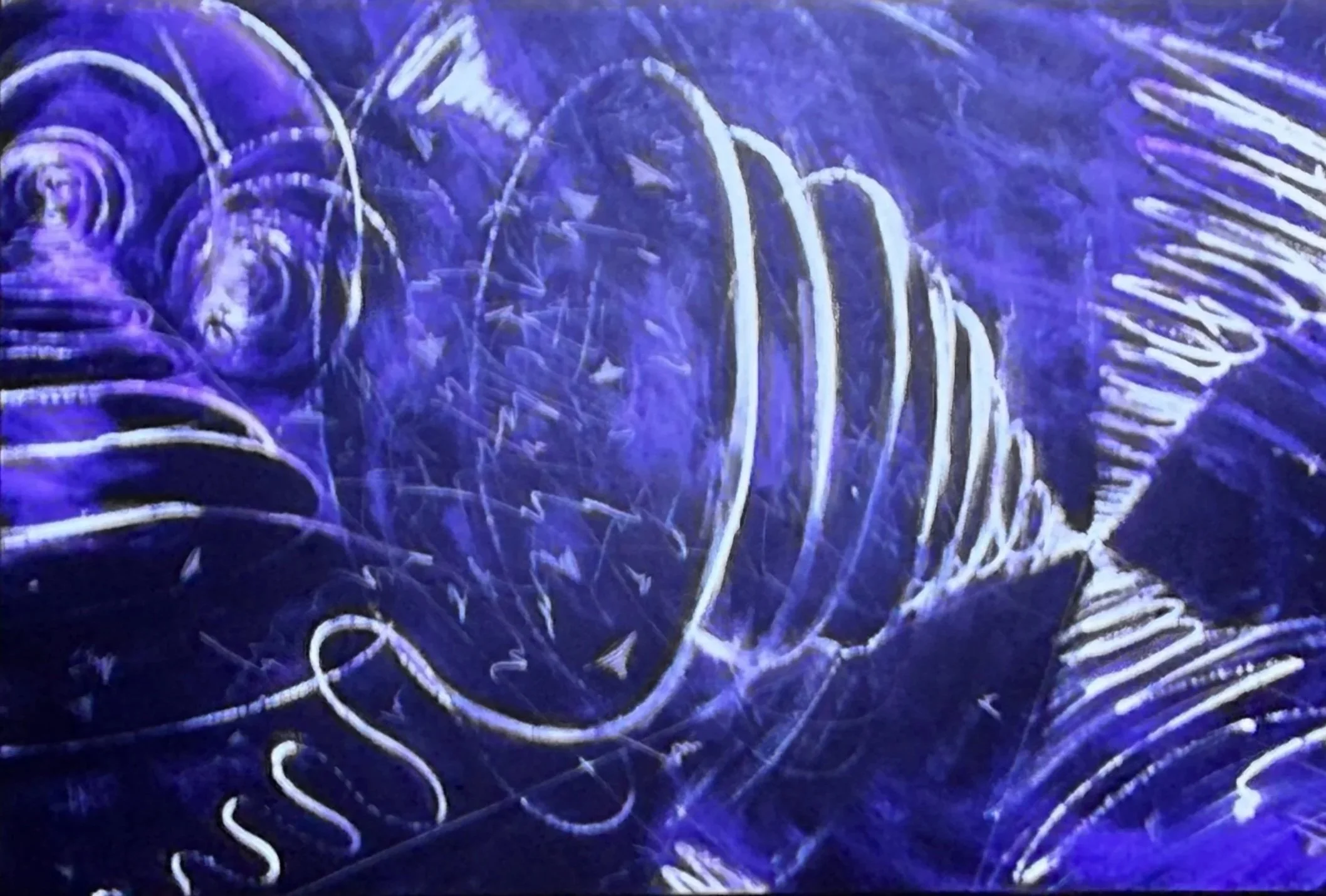 Close-up abstract painting featuring sweeping white arcs and curved forms on a purple background.