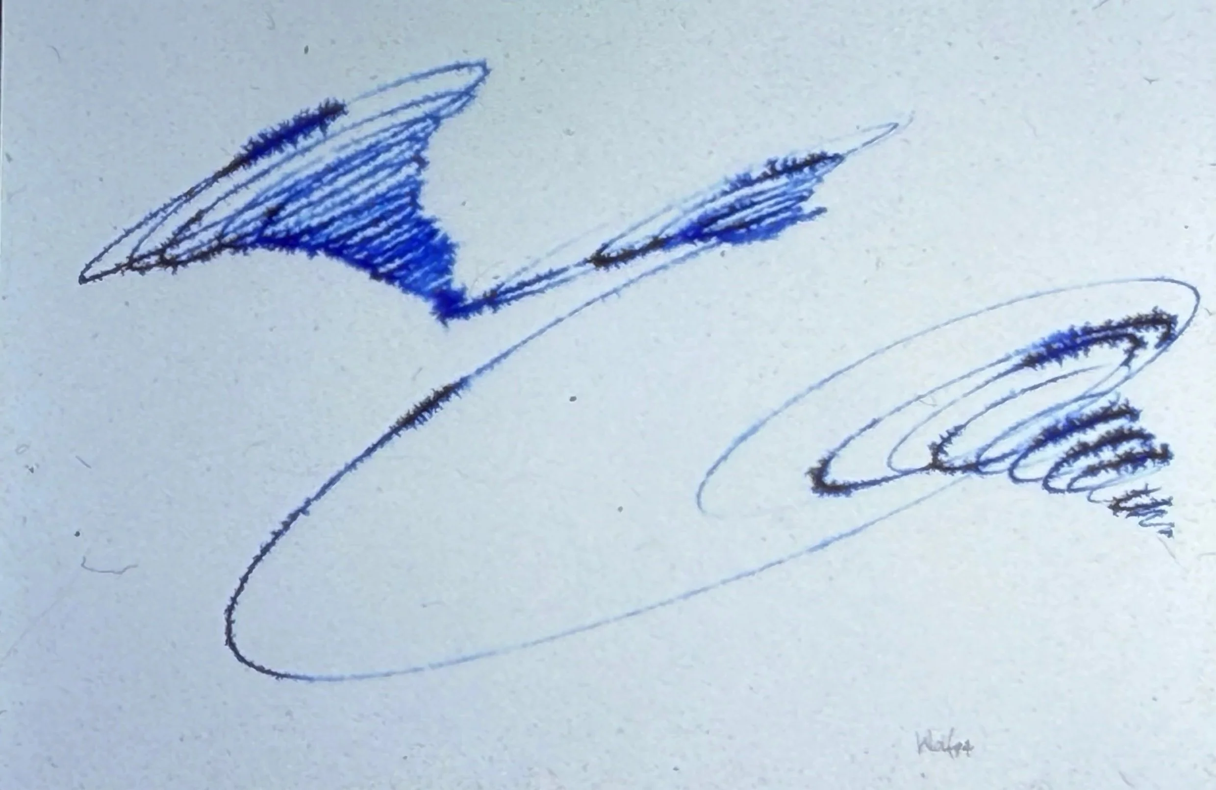 Abstract blue line drawing featuring spirals and sweeping curves on a white background.